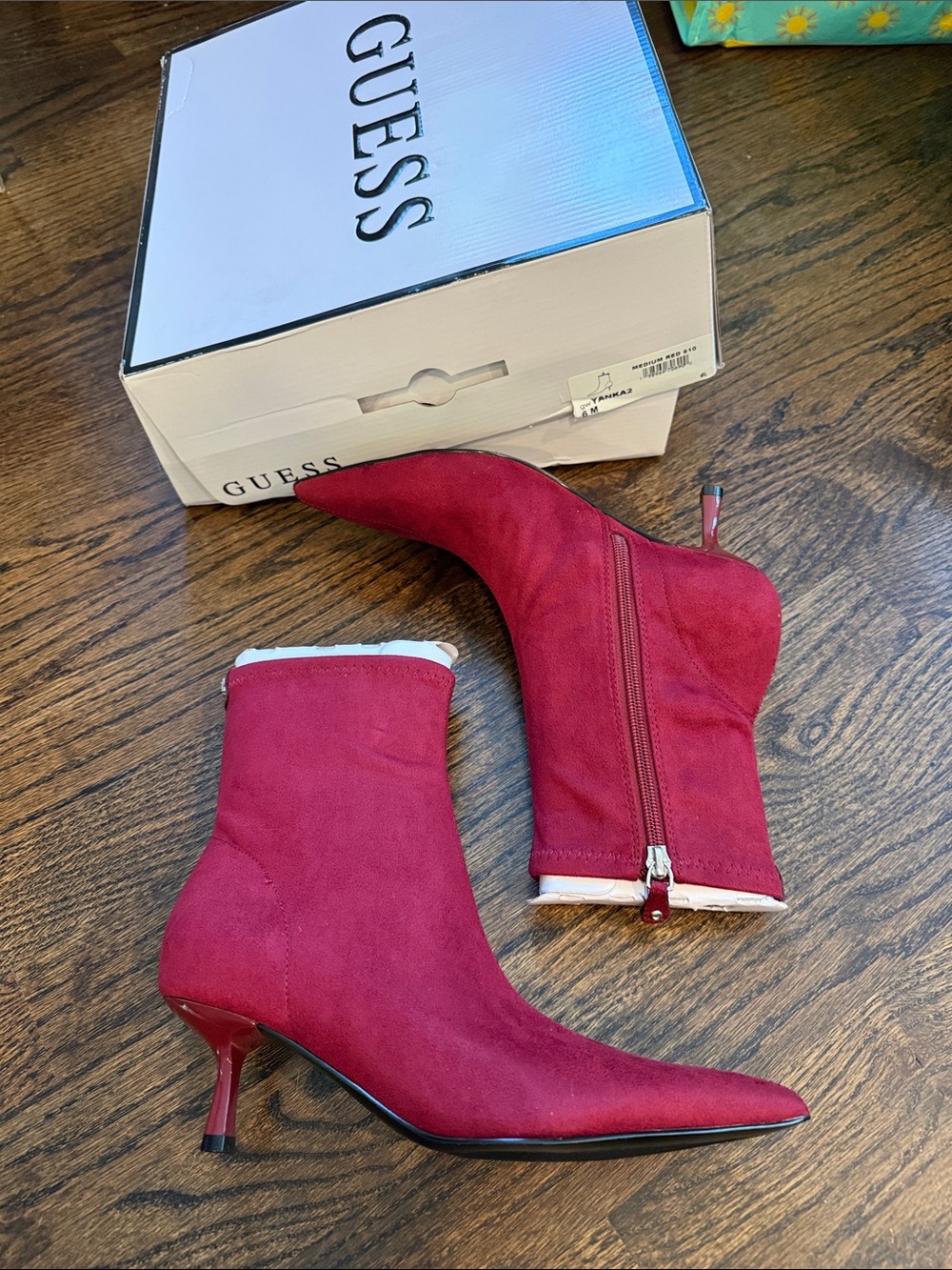 GUESS Red Pointed-Toe Suede Ankle Boots with Kitten Heel size 6